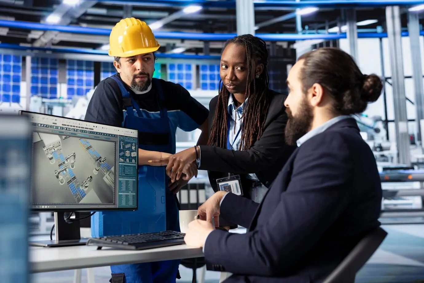 Исследовательская команда на заводе солнечных панелей обсуждает новые фотовольтаические материалы.